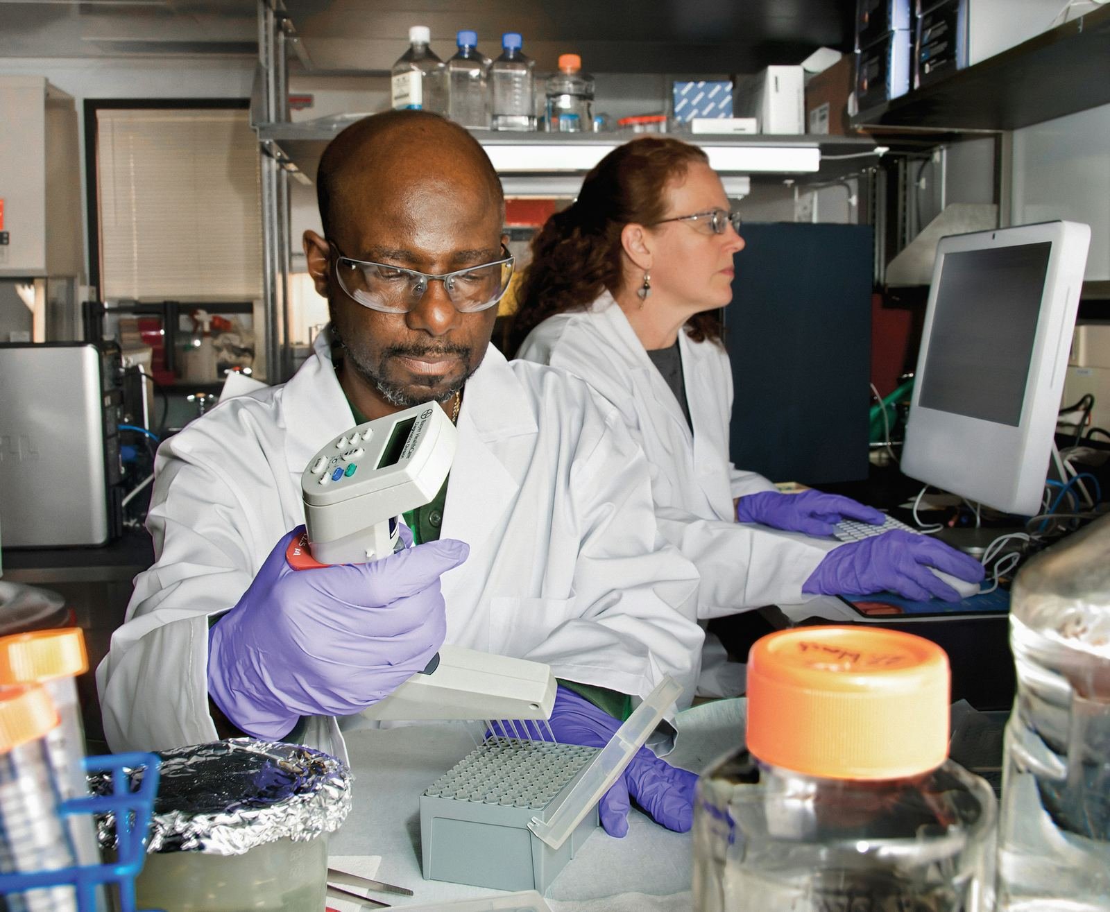Scientists working in a modern laboratory